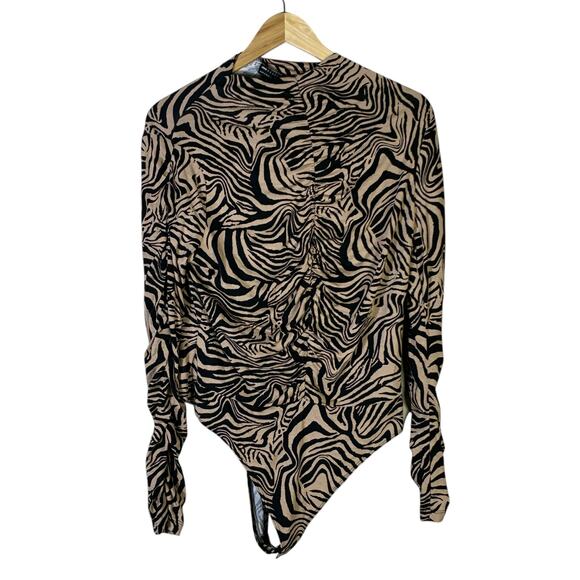 ASOS Design Zebra Print Ruched Bodysuit Womens 14 Tan Black Glam Night Out Y2K - Picture 2 of 7